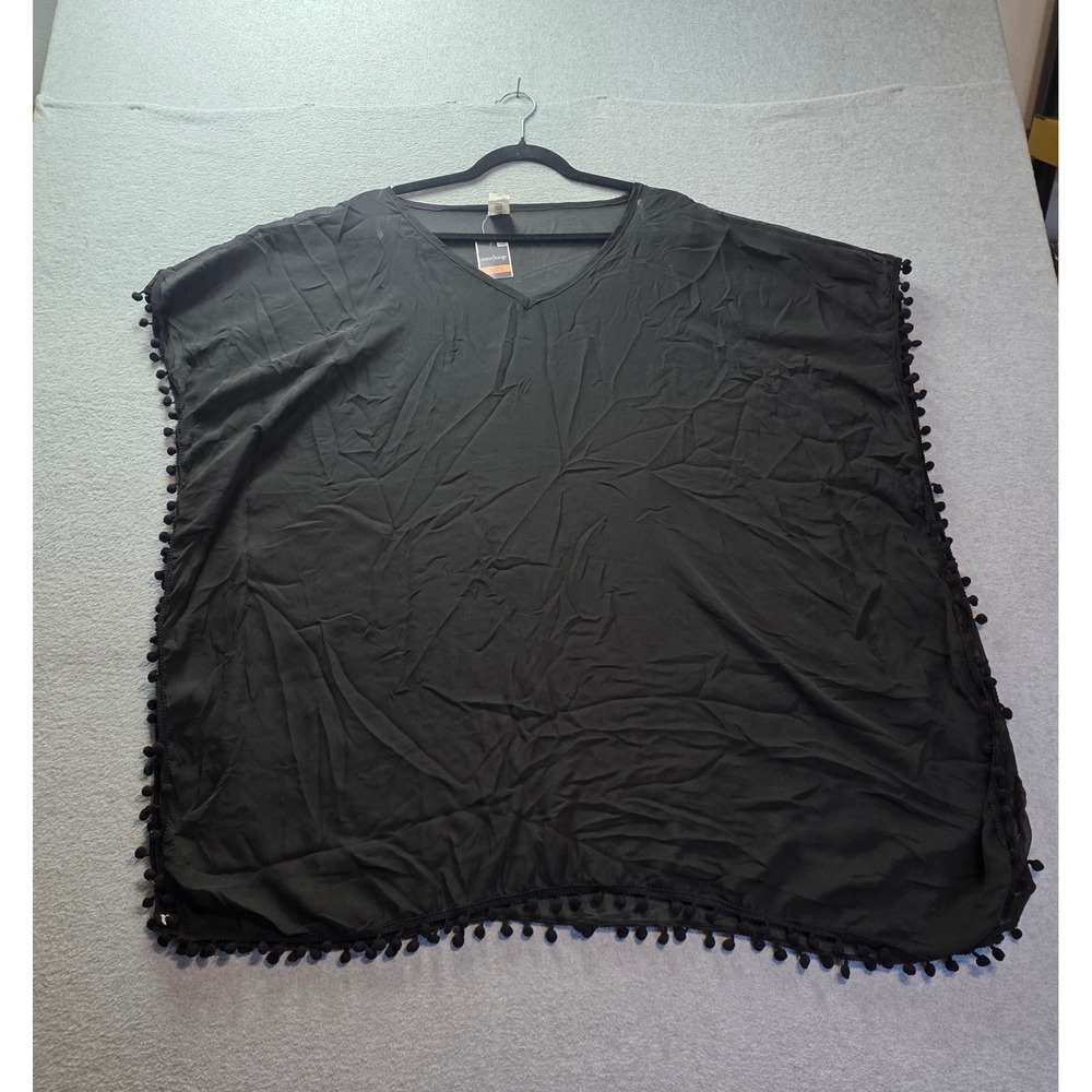 West Loop Black Swim Cover Up Womens OSFM Poncho Pom Pom Trim Oversized Tassel
